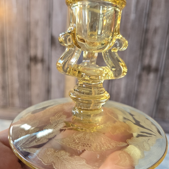 Pair of Vintage Yellow Depression Glass Etched Floral Candle Candlestick Holders - Picture 8 of 8